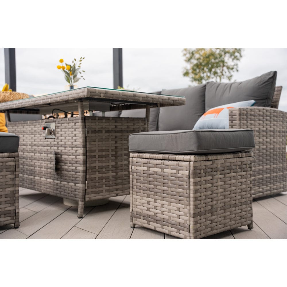 Rosen 9 Seater Fire Pit Rattan Garden Furniture Corner Dining Sofa Set In Grey