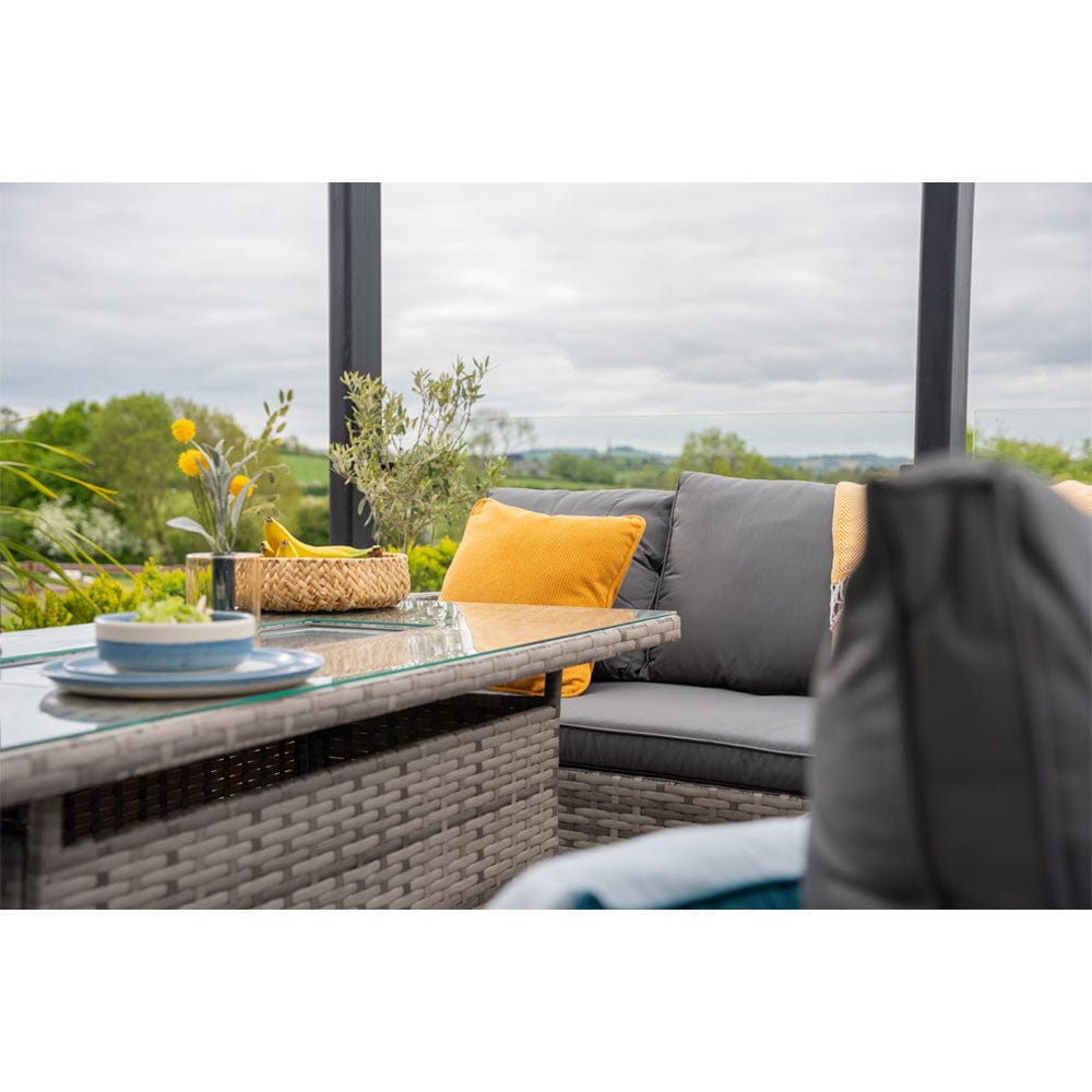 Rosen 9 Seater Fire Pit Rattan Garden Furniture Corner Dining Sofa Set In Grey