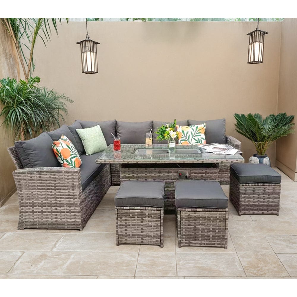 Rosen 9 Seater Fire Pit Rattan Garden Furniture Corner Dining Sofa Set In Grey