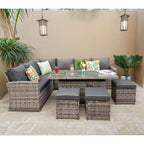 Rosen 9 Seater Fire Pit Rattan Garden Furniture Corner Dining Sofa Set In Grey