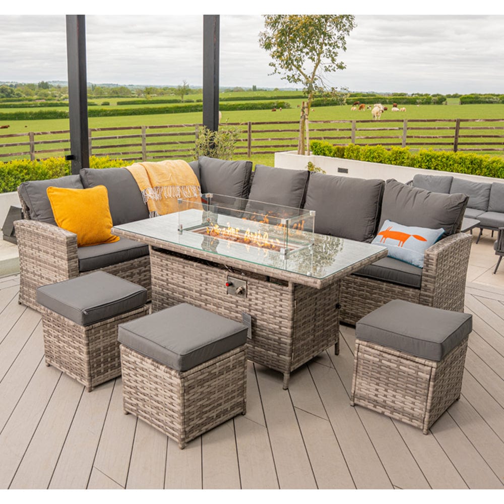 Rosen 9 Seater Fire Pit Rattan Garden Furniture Corner Dining Sofa Set In Grey