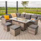Rosen 9 Seater Fire Pit Rattan Garden Furniture Corner Dining Sofa Set In Grey