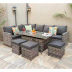 Rosen 9 Seater Fire Pit Rattan Garden Furniture Corner Dining Sofa Set In Grey