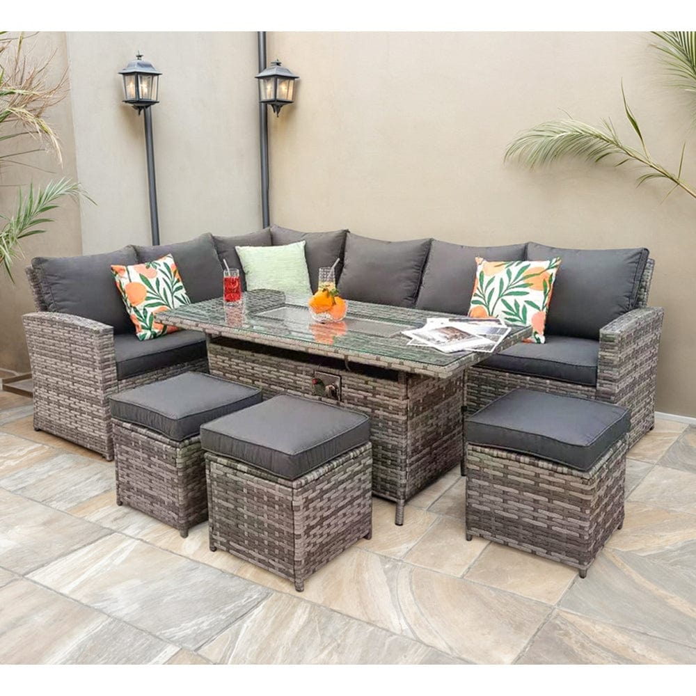 Rosen 9 Seater Fire Pit Rattan Garden Furniture Corner Dining Sofa Set In Grey
