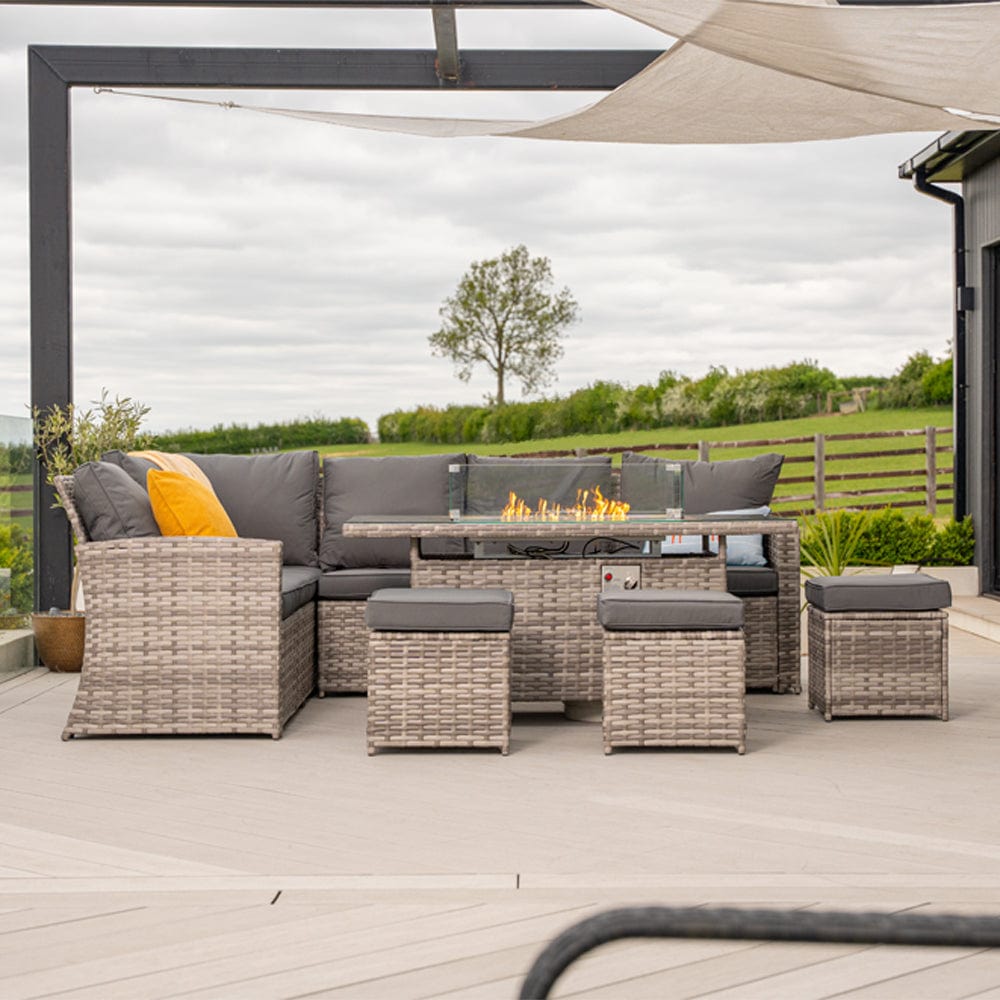 Rosen 9 Seater Fire Pit Rattan Garden Furniture Corner Dining Sofa Set In Grey