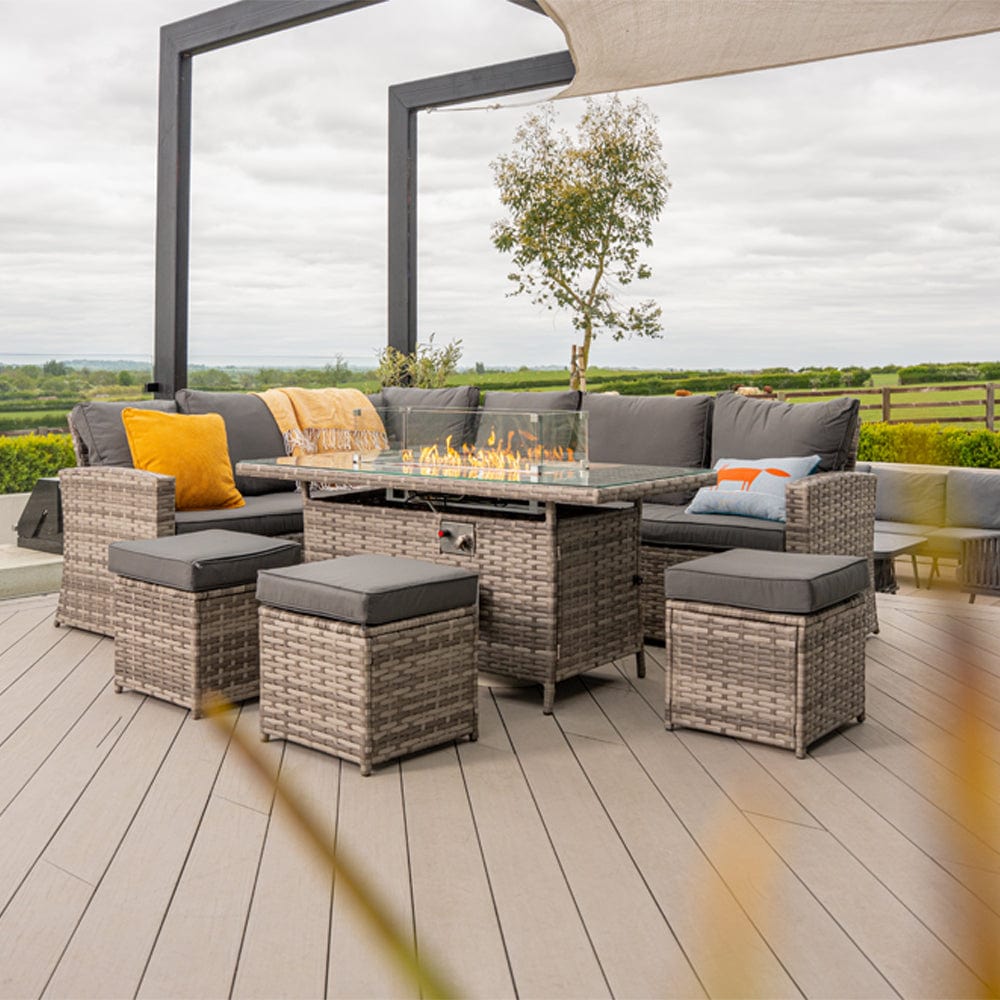 Rosen 9 Seater Fire Pit Rattan Garden Furniture Corner Dining Sofa Set In Grey