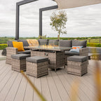 Rosen 9 Seater Fire Pit Rattan Garden Furniture Corner Dining Sofa Set In Grey