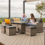 Rosen 9 Seater Fire Pit Rattan Garden Furniture Corner Dining Sofa Set In Grey