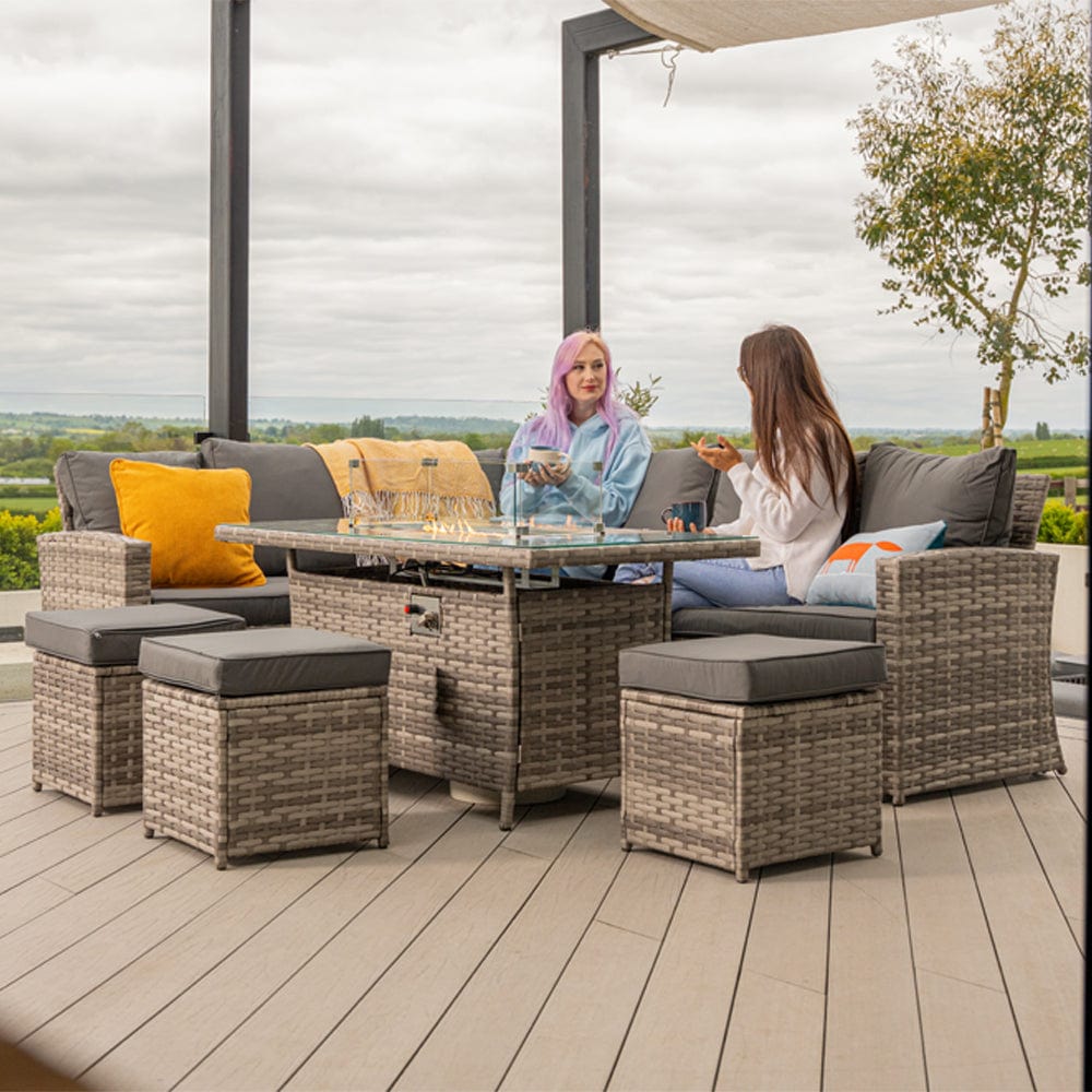 Rosen 9 Seater Fire Pit Rattan Garden Furniture Corner Dining Sofa Set In Grey
