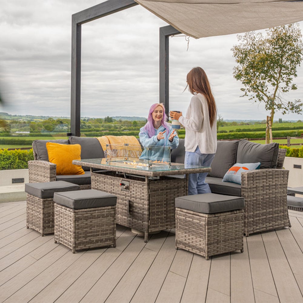 Rosen 9 Seater Fire Pit Rattan Garden Furniture Corner Dining Sofa Set In Grey