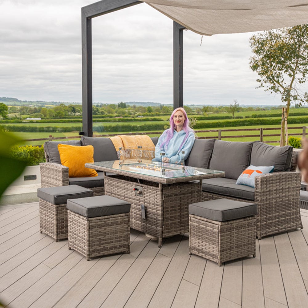 Rosen 9 Seater Fire Pit Rattan Garden Furniture Corner Dining Sofa Set In Grey