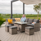 Rosen 9 Seater Fire Pit Rattan Garden Furniture Corner Dining Sofa Set In Grey