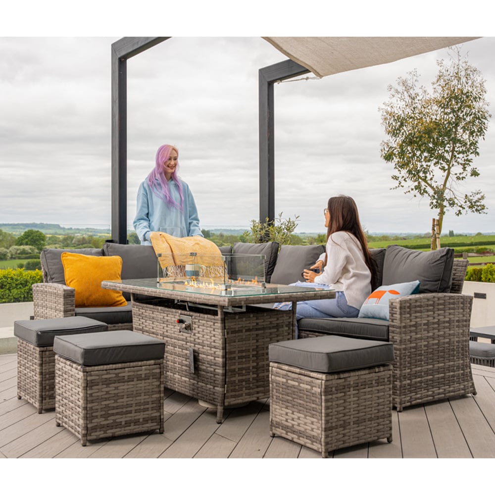 Rosen 9 Seater Fire Pit Rattan Garden Furniture Corner Dining Sofa Set In Grey