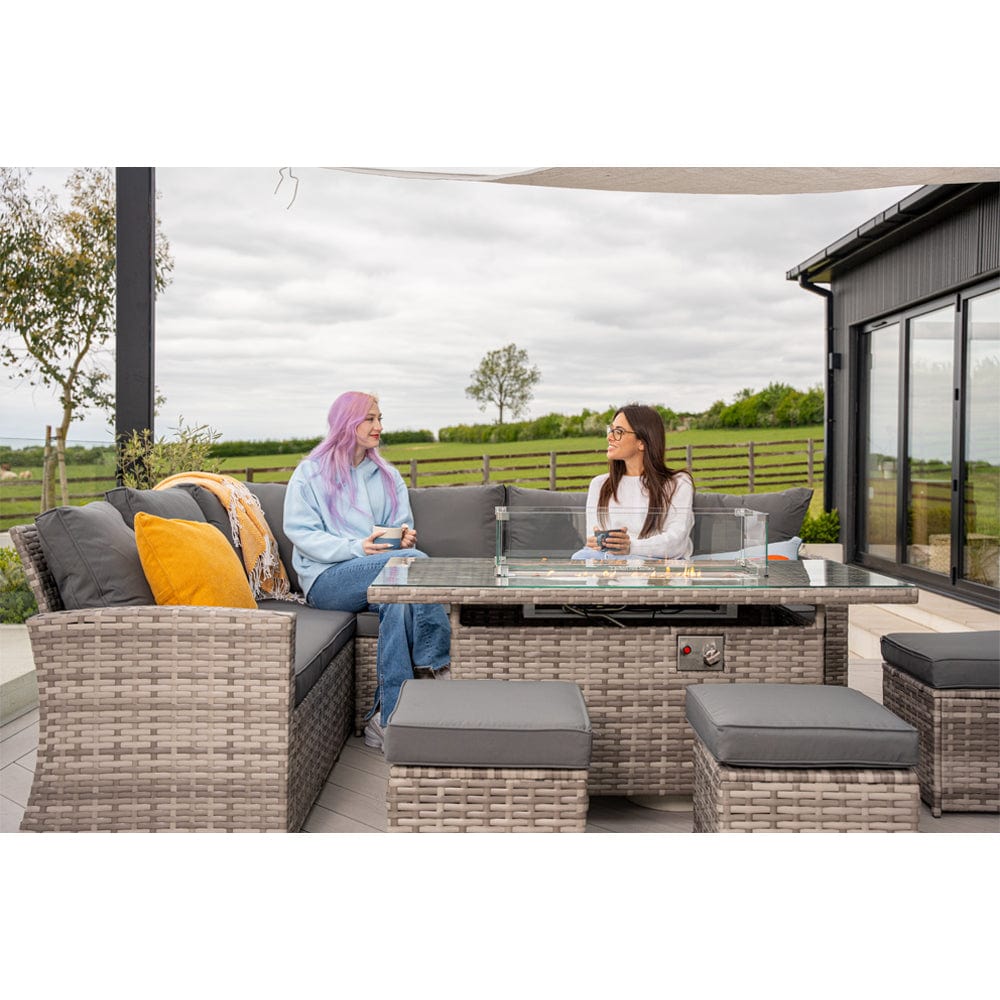 Rosen 9 Seater Fire Pit Rattan Garden Furniture Corner Dining Sofa Set In Grey