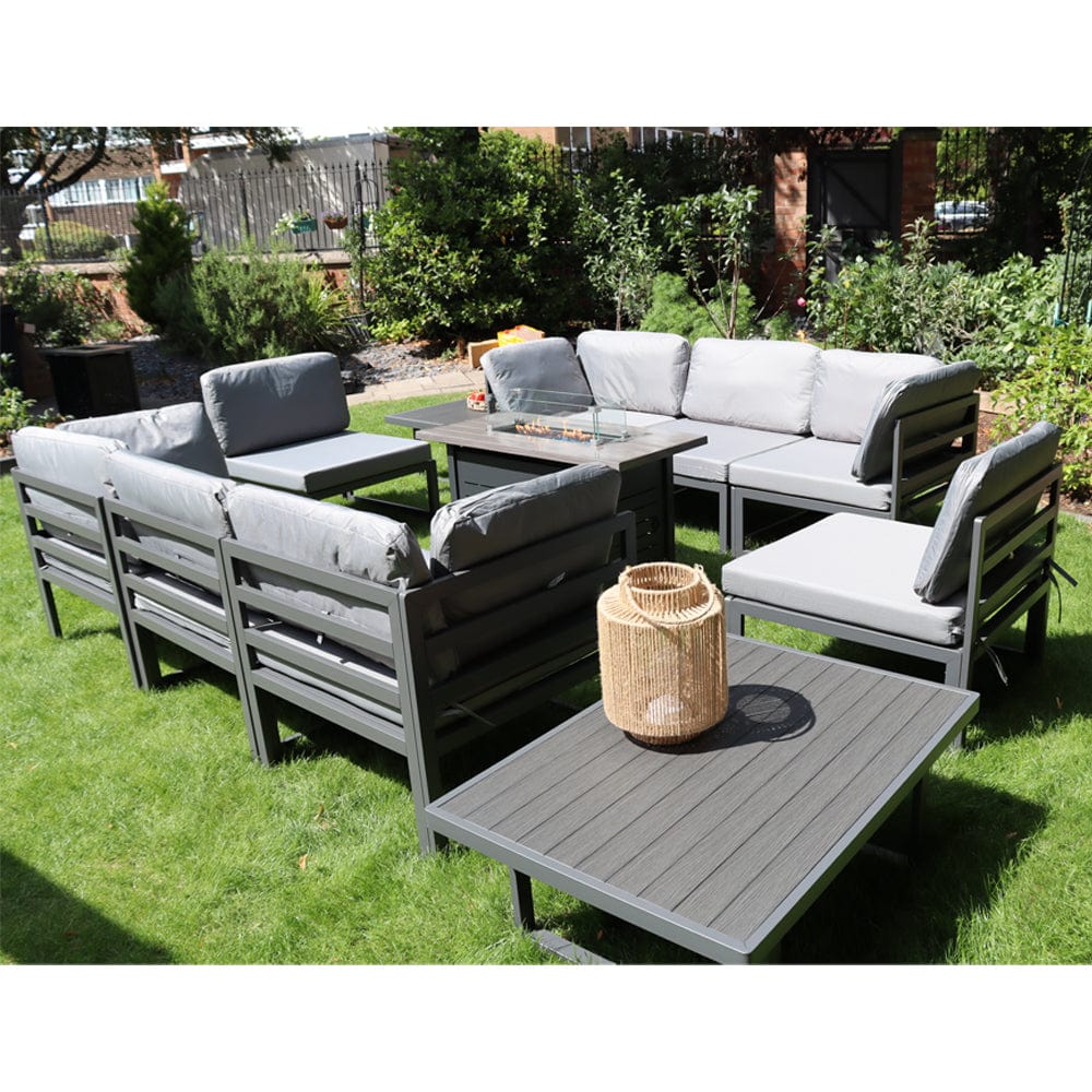 Hamburg Outdoor 8-Seater Garden Modular Steel Dining Set With Fire Pit Table And 2 Coffee Tables