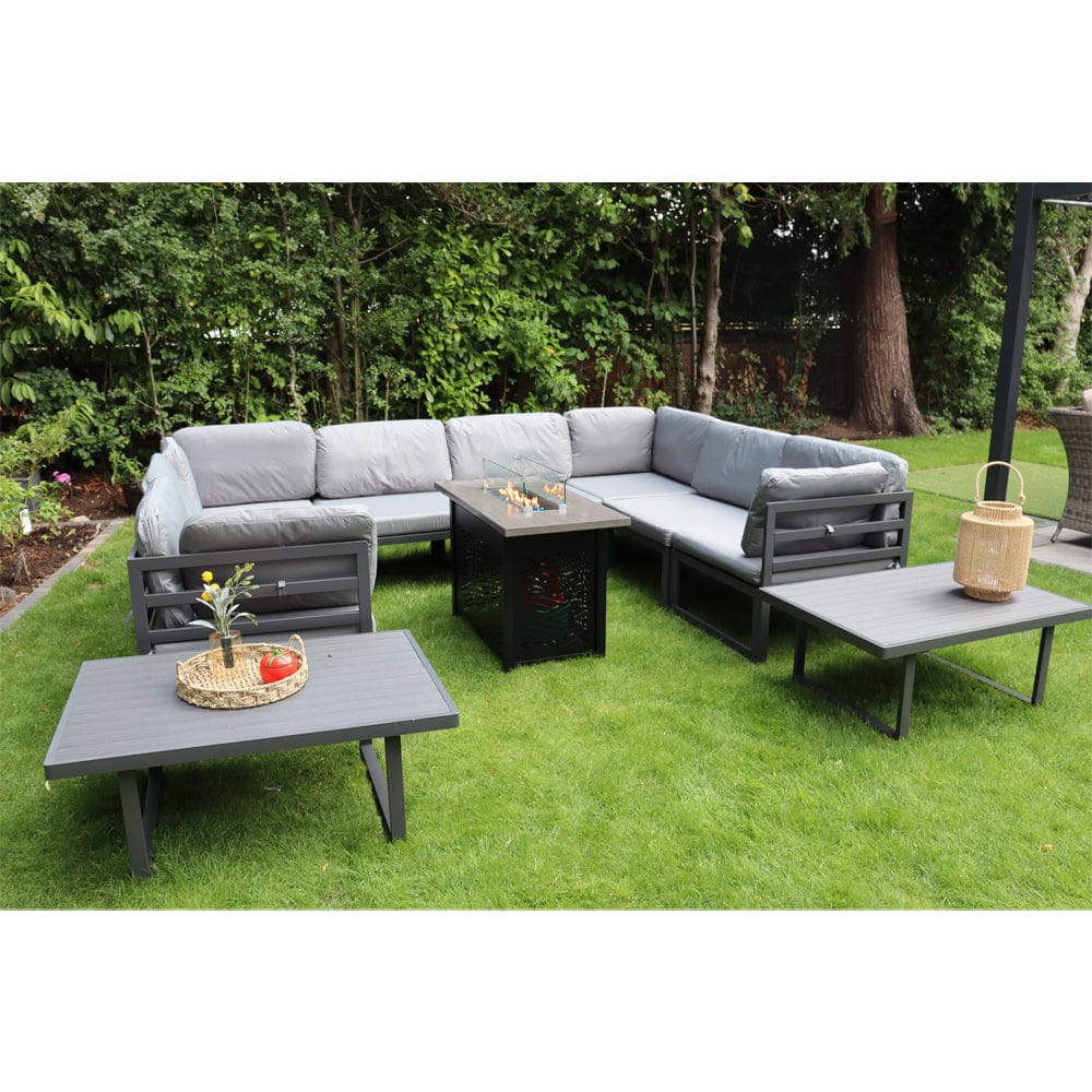 Hamburg Outdoor 8-Seater Garden Modular Steel Dining Set With Fire Pit Table And 2 Coffee Tables
