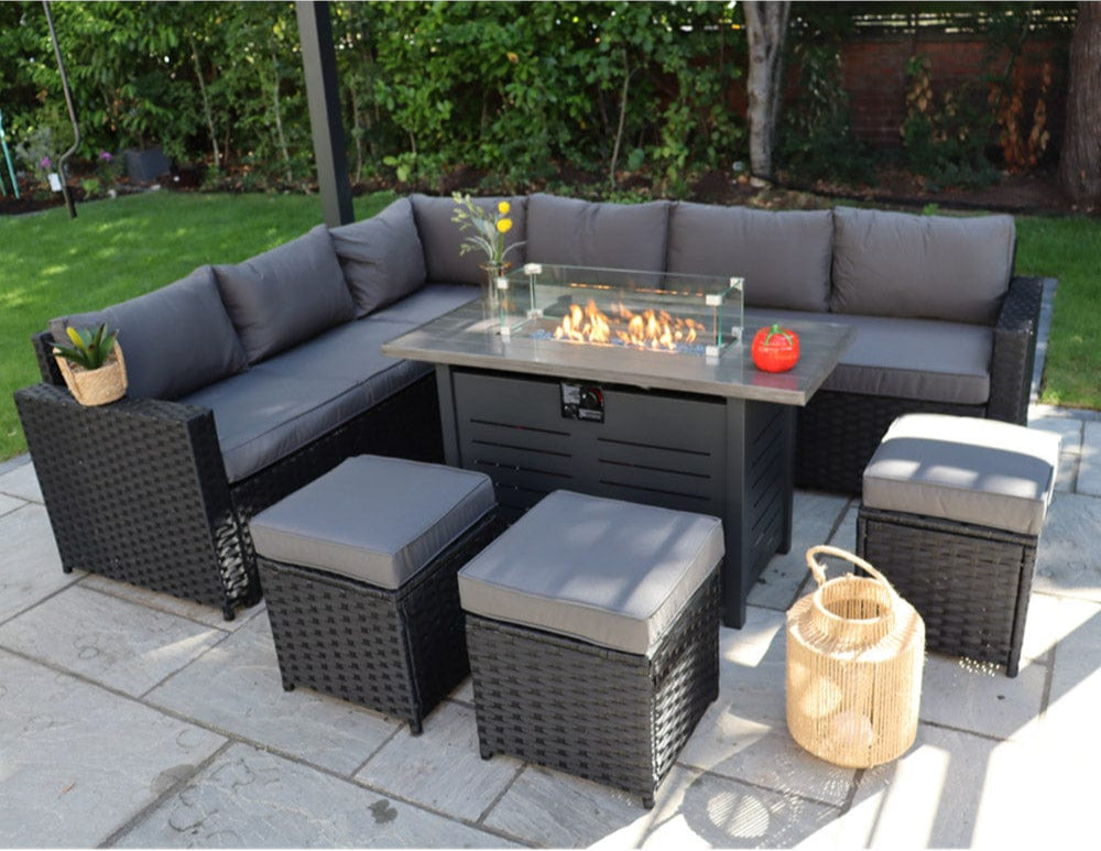 Barcelona Rattan Garden Furniture 9 Seater Corner Sofa Set with Fire pit Dining Table in Black Or Grey