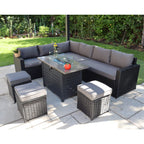 Barcelona Rattan Garden Furniture 9 Seater Corner Sofa Set with Fire pit Dining Table in Black Or Grey