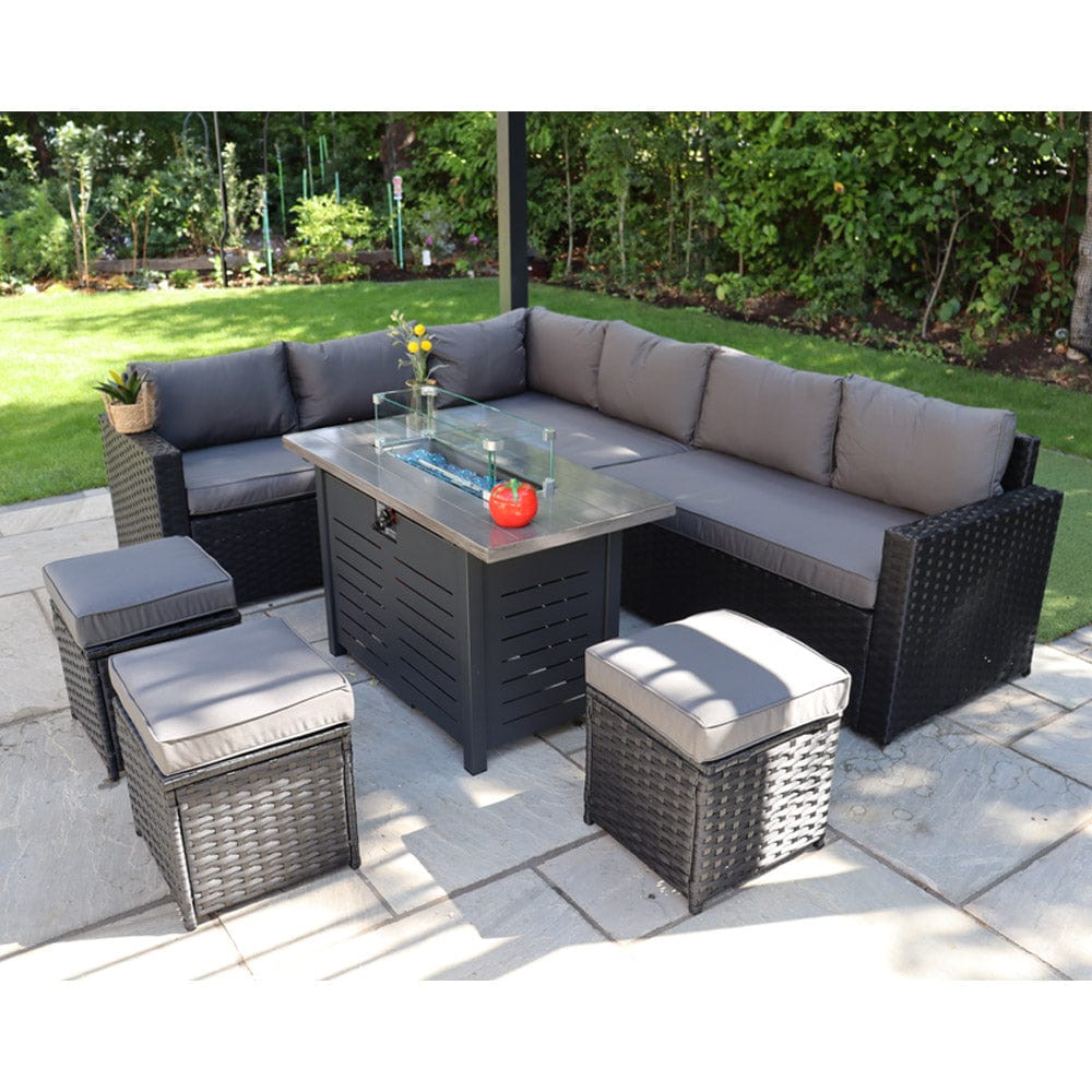 Barcelona Rattan Garden Furniture 9 Seater Corner Sofa Set with Fire pit Dining Table in Black Or Grey