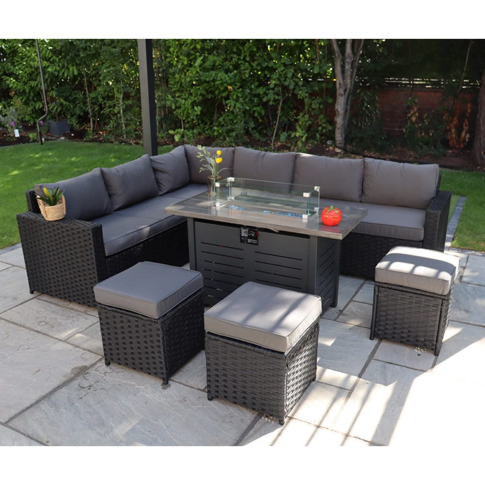Barcelona Rattan Garden Furniture 9 Seater Corner Sofa Set with Fire pit Dining Table in Black Or Grey