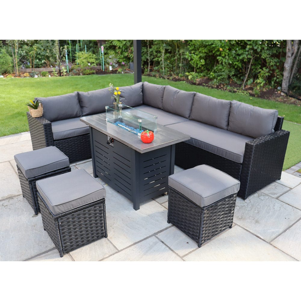 Barcelona Rattan Garden Furniture 9 Seater Corner Sofa Set with Fire pit Dining Table in Black Or Grey