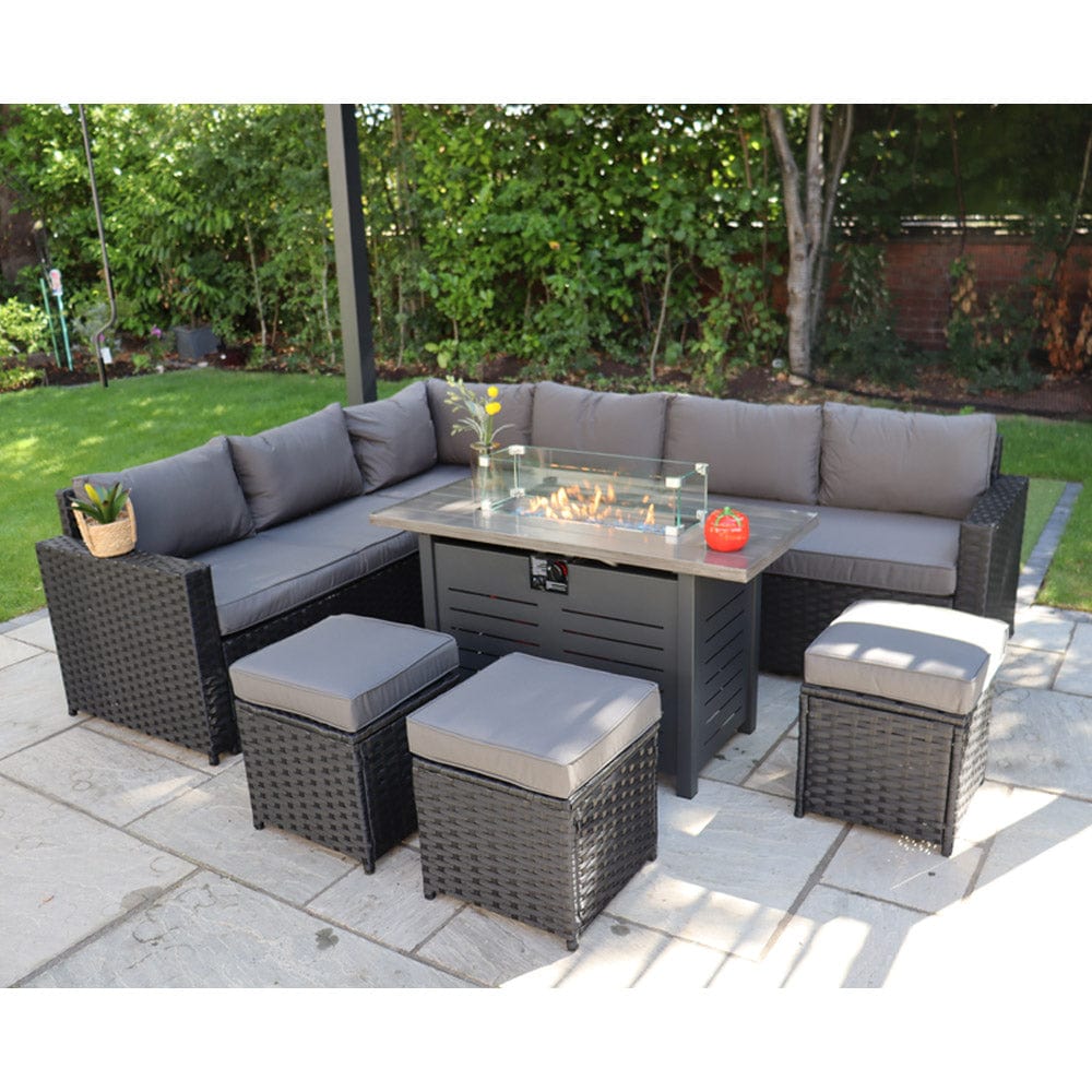 Barcelona Rattan Garden Furniture 9 Seater Corner Sofa Set with Fire pit Dining Table in Black Or Grey