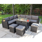 Barcelona Rattan Garden Furniture 9 Seater Corner Sofa Set with Fire pit Dining Table in Black Or Grey