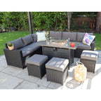Barcelona Rattan Garden Furniture 9 Seater Corner Sofa Set with Fire pit Dining Table in Black Or Grey