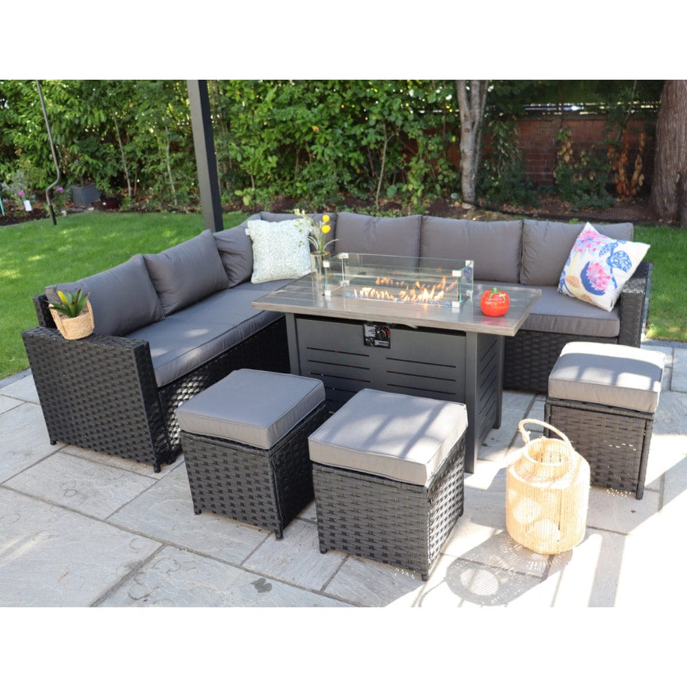 Barcelona Rattan Garden Furniture 9 Seater Corner Sofa Set with Fire pit Dining Table in Black Or Grey