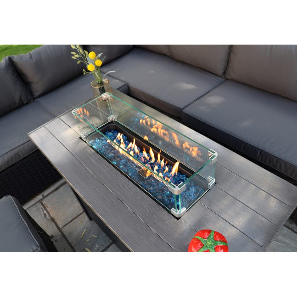 Barcelona Rattan Garden Furniture 9 Seater Corner Sofa Set with Fire pit Dining Table in Black Or Grey