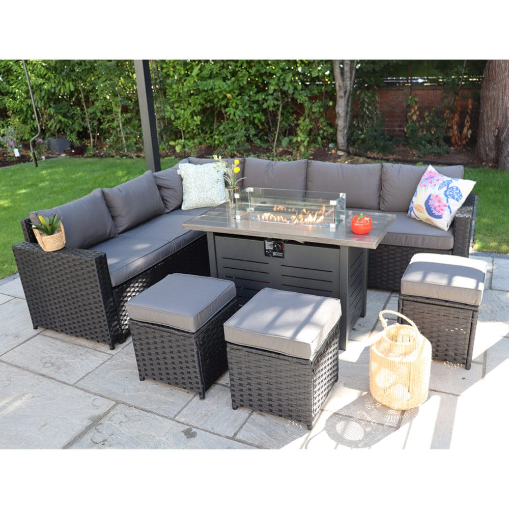 Barcelona Rattan Garden Furniture 9 Seater Corner Sofa Set with Fire pit Dining Table in Black Or Grey