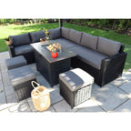 Barcelona Rattan Garden Furniture 9 Seater Corner Sofa Set with Fire pit Dining Table in Black Or Grey