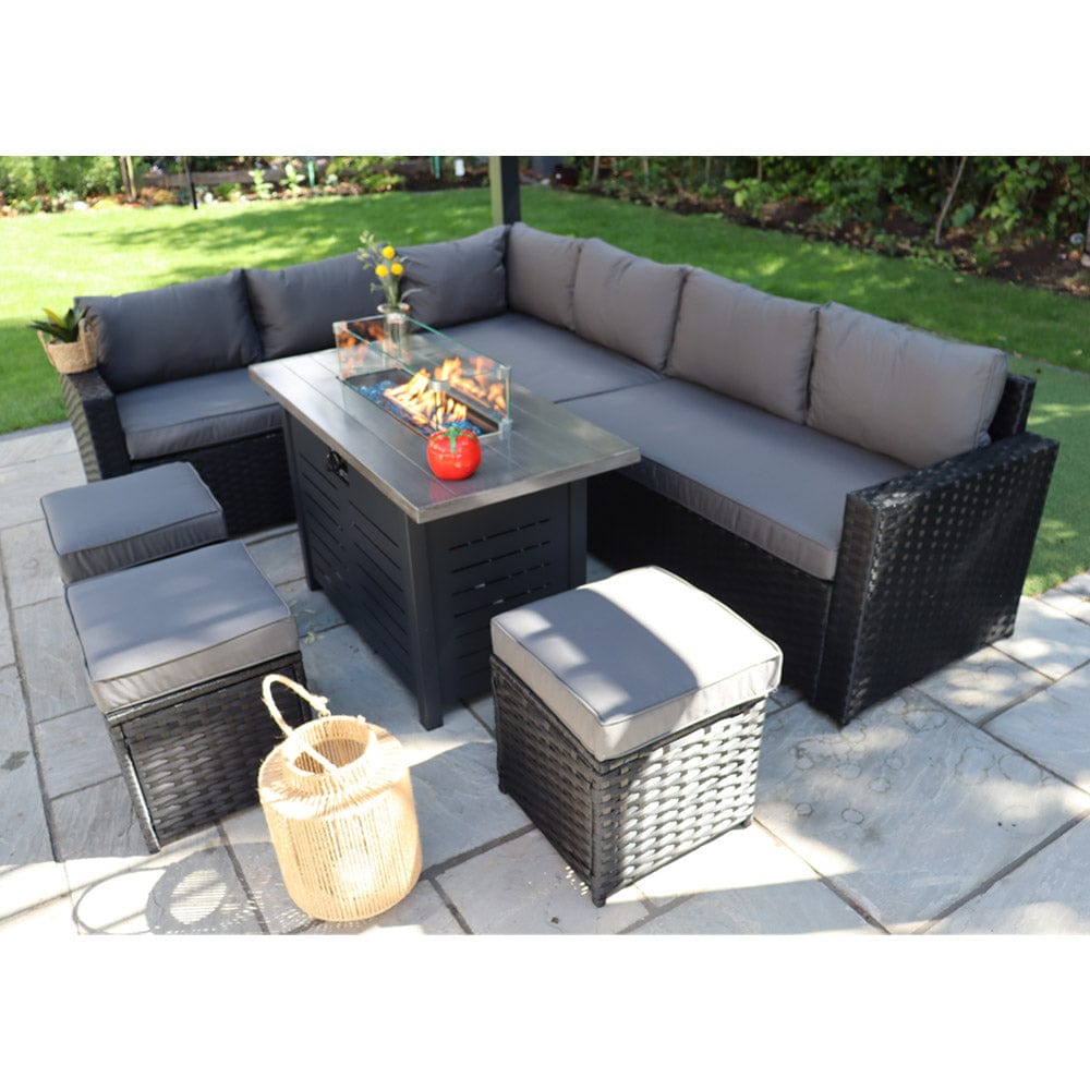 Barcelona Rattan Garden Furniture 9 Seater Corner Sofa Set with Fire pit Dining Table in Black Or Grey