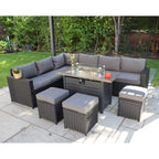Barcelona Rattan Garden Furniture 9 Seater Corner Sofa Set with Fire pit Dining Table in Black Or Grey