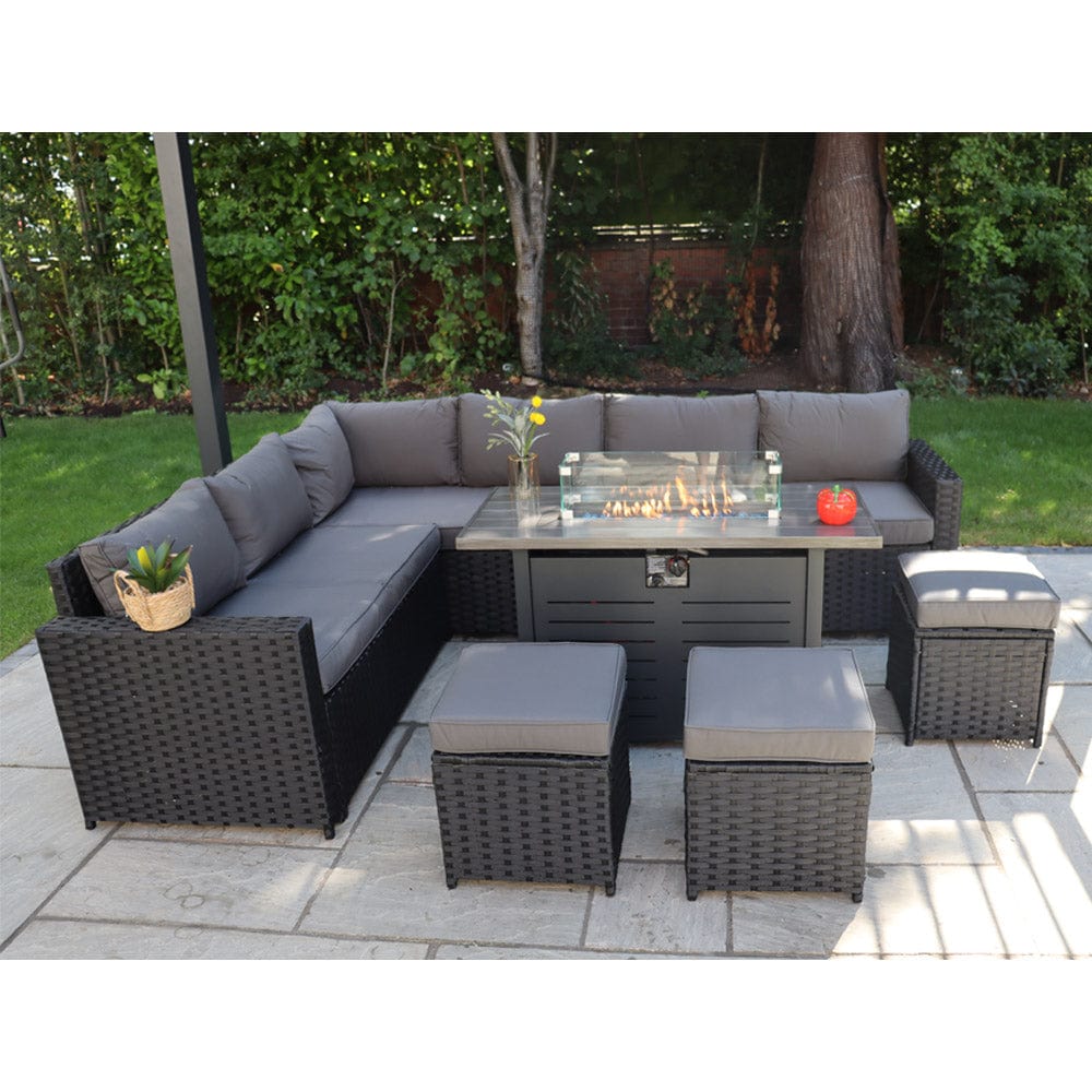 Barcelona Rattan Garden Furniture 9 Seater Corner Sofa Set with Fire pit Dining Table in Black Or Grey