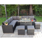 Barcelona Rattan Garden Furniture 9 Seater Corner Sofa Set with Fire pit Dining Table in Black Or Grey