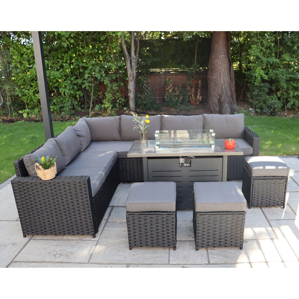 Barcelona Rattan Garden Furniture 9 Seater Corner Sofa Set with Fire pit Dining Table in Black Or Grey