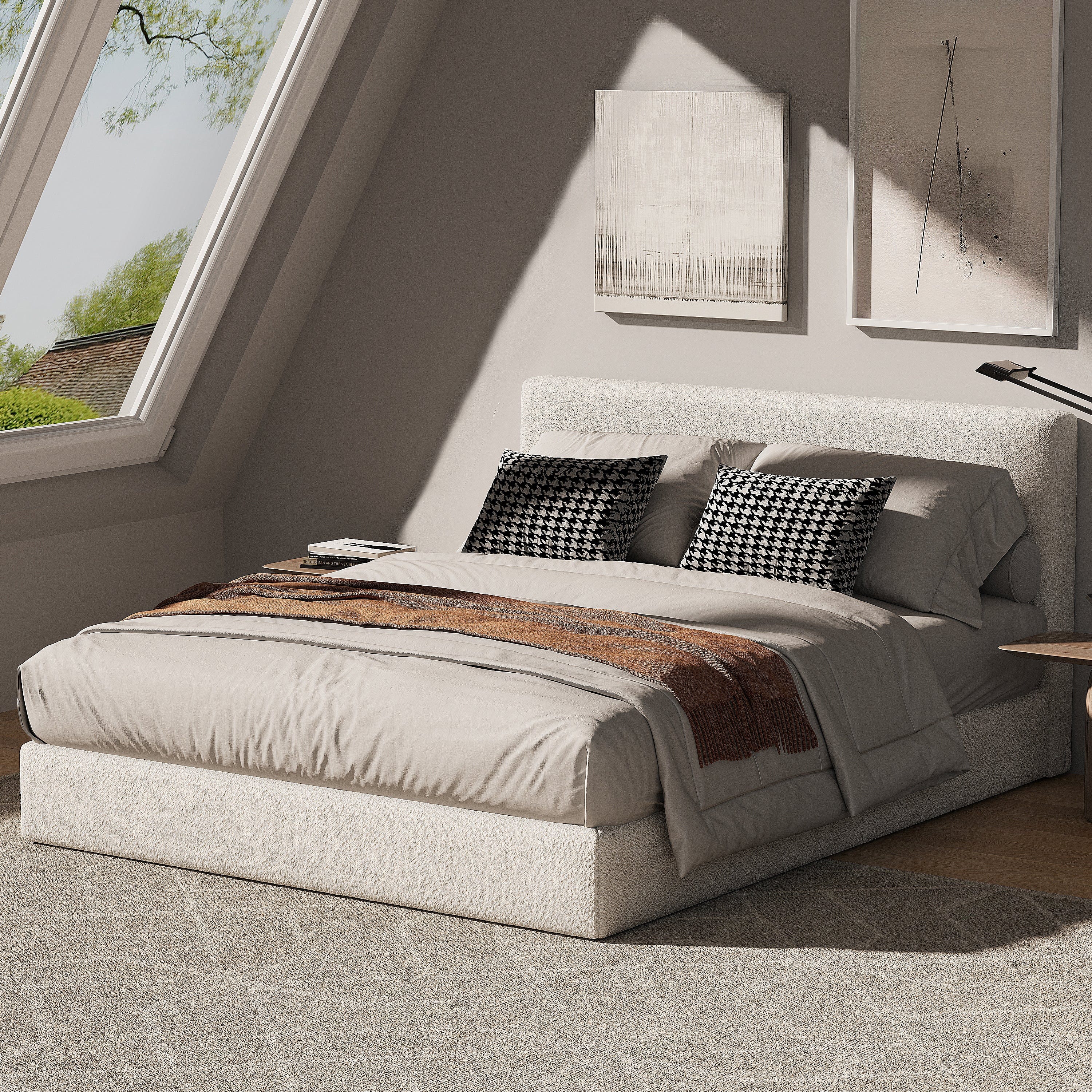 Marshmuff Soft Frame Boucle Bed Frame With Headboard King Bed or Double Bed or Single Bed