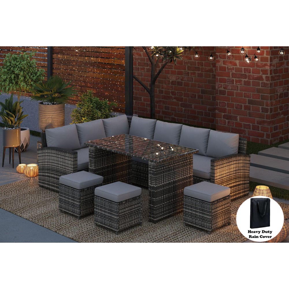 Rosen 9 Seater Rattan Garden Dining Set In Grey