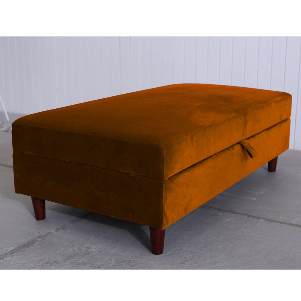 Destin Reversible Orange Velvet Corner Sofa With Storage Chaise and Ottoman Bench