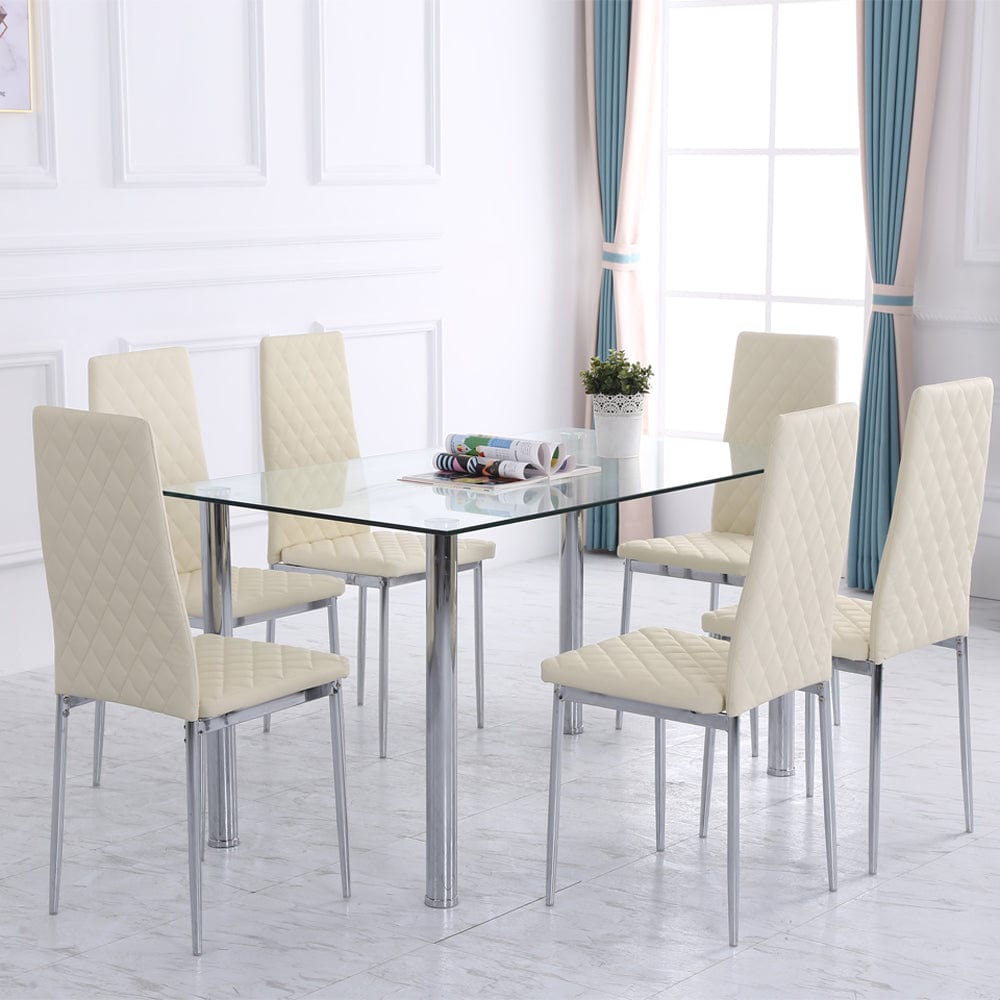 Orsa Dining Tempered Glass Table Set With 6 Chairs In Cream