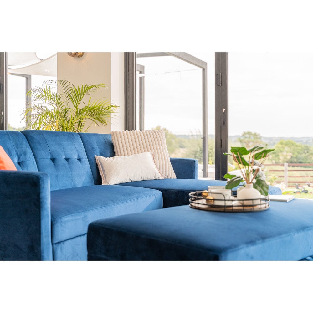 Destin Reversible Blue Corner Sofa With Storage Chaise and Ottoman Bench