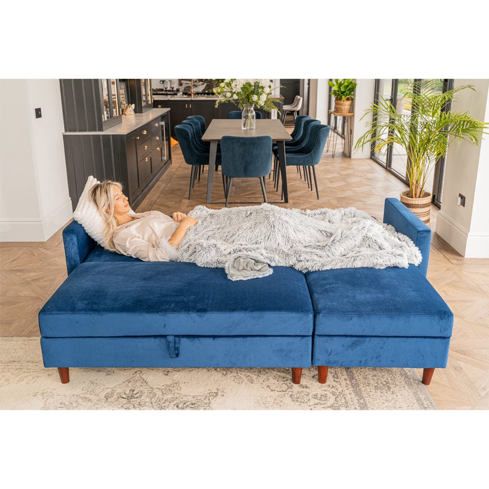 Destin Reversible Blue Corner Sofa With Storage Chaise and Ottoman Bench