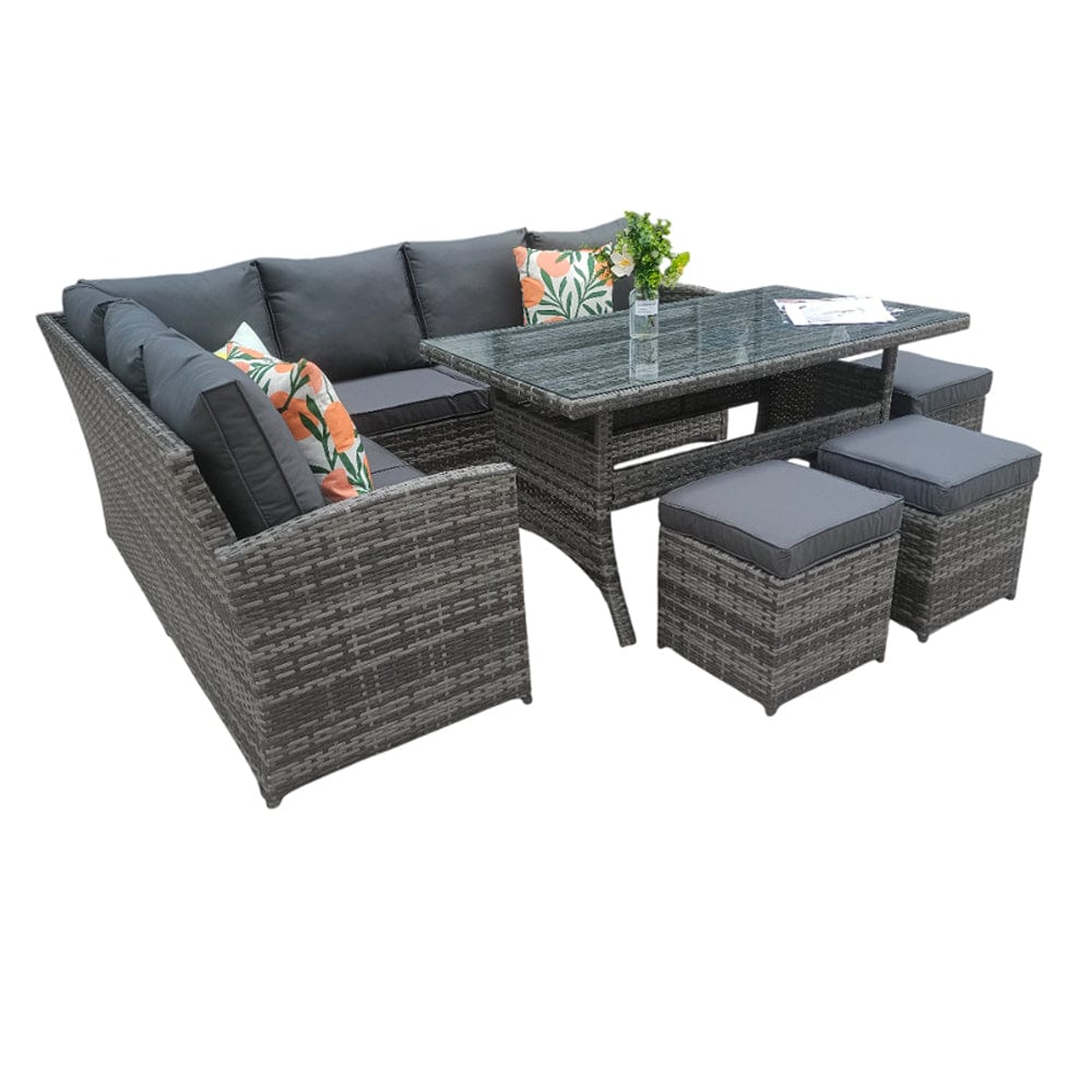 Rosen 9 Seater Rattan Garden Furniture Corner Sofa Dining Set In Grey