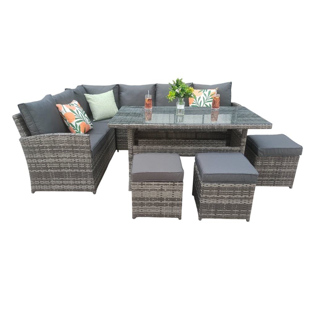 Rosen 9 Seater Rattan Garden Furniture Corner Sofa Dining Set In Grey