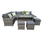 Rosen 9 Seater Rattan Garden Furniture Corner Sofa Dining Set In Grey