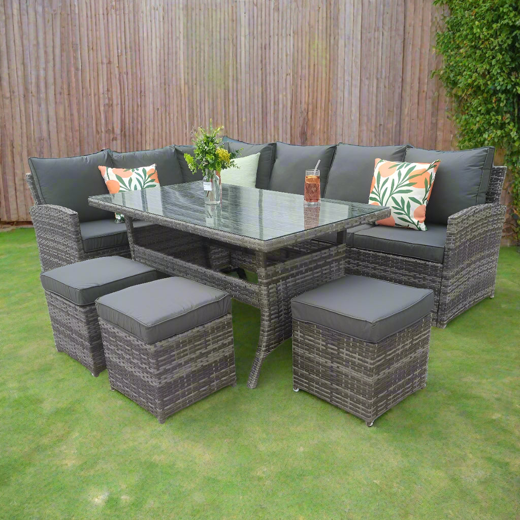 Rosen 9 Seater Rattan Garden Furniture Corner Sofa Dining Set In Grey