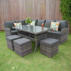 Rosen 9 Seater Rattan Garden Furniture Corner Sofa Dining Set In Grey