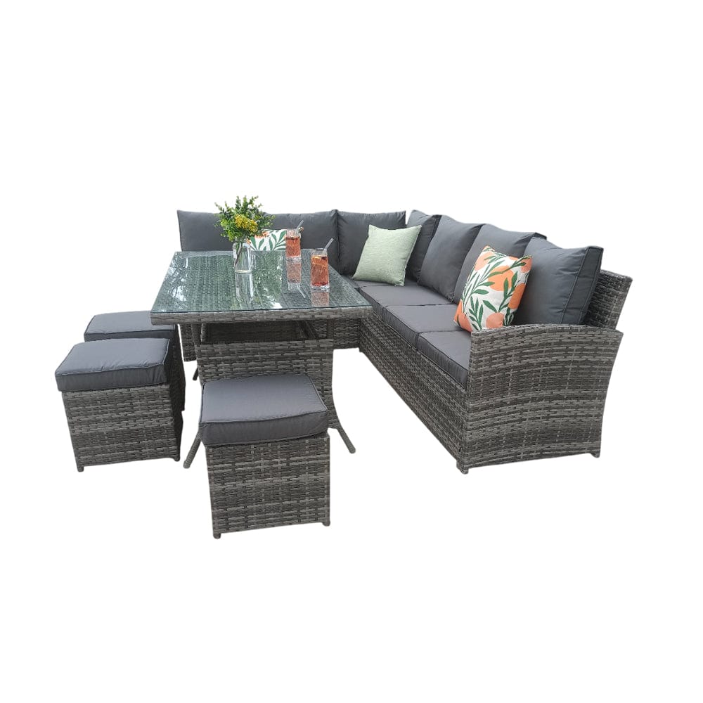 Rosen 9 Seater Rattan Garden Furniture Corner Sofa Dining Set In Grey