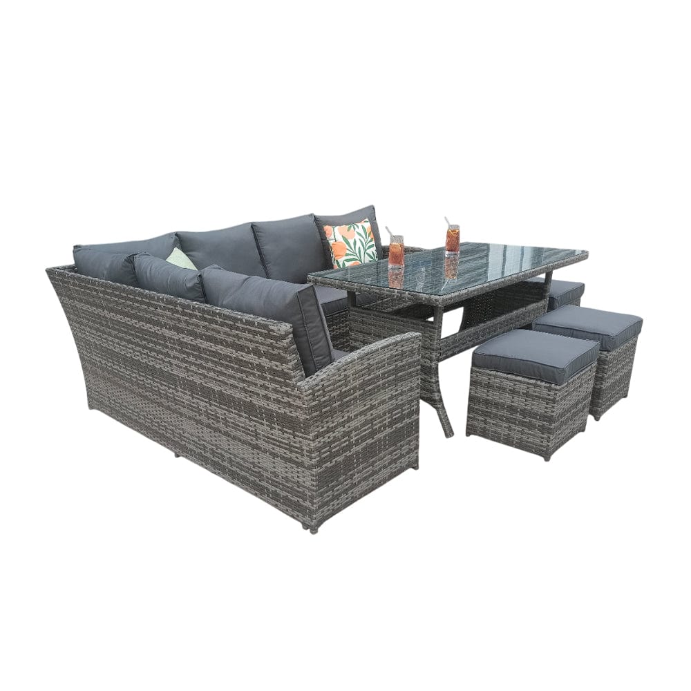 Rosen 9 Seater Rattan Garden Furniture Corner Sofa Dining Set In Grey